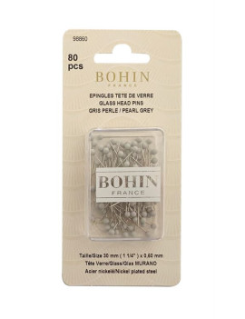 EPINGLES TETE DE VERRE 30 X 0.60 MM GRIS PERLE BLISTER DE 80 UNITES